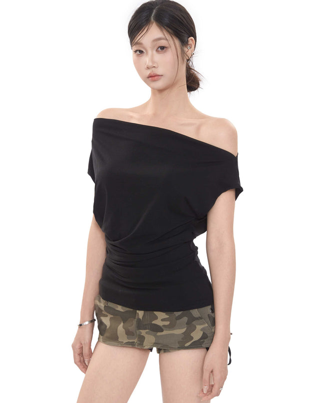 Short-sleeved Women's T-shirt Slim-fit Slimming Off-shoulder Top