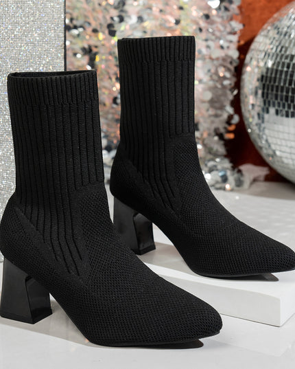 Chunky Heel Pointed Toe Stretch Socks Single Layer Boots