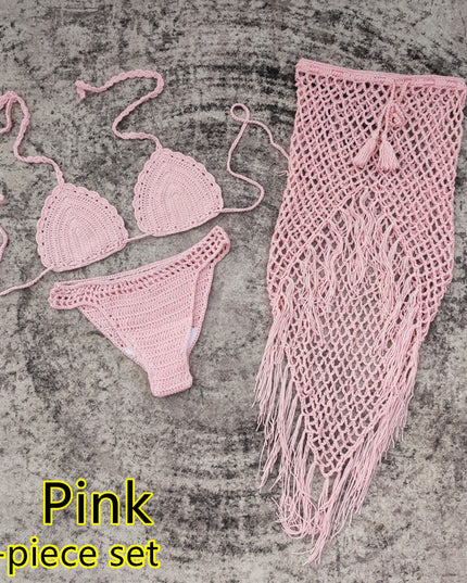 3-piece European And American Handmade Crochet Bikini Beach Skirt Swimsuit Suit