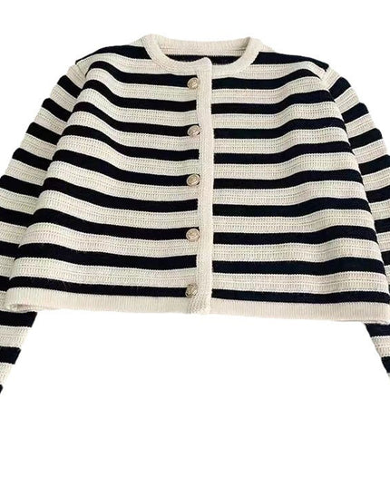 Buckle Striped Classic Style Knitted Cardigan Sweater Short Coat
