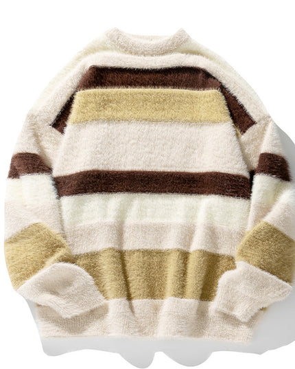 Artificial Mink Fur Contrast Color Striped Round Neck Sweater Japanese-style Retro