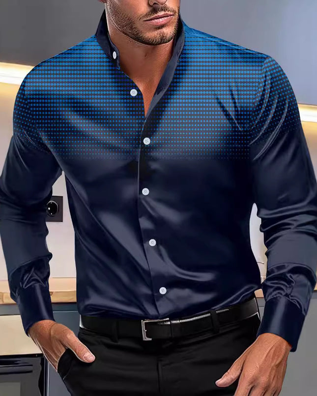 Four-sided Stretch Dotted Prints Daily Casual Stand Collar Long-sleeved Shirt