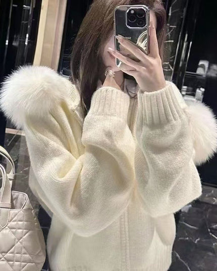 High-grade Women's Top Hooded Knitted Fur Collar Cardigan