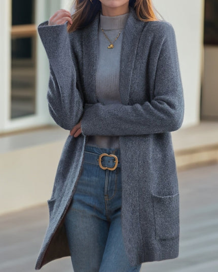 New Polo Collar Solid Color Long-sleeved Knitted Cardigan Loose Pockets Sweater Coat For Women