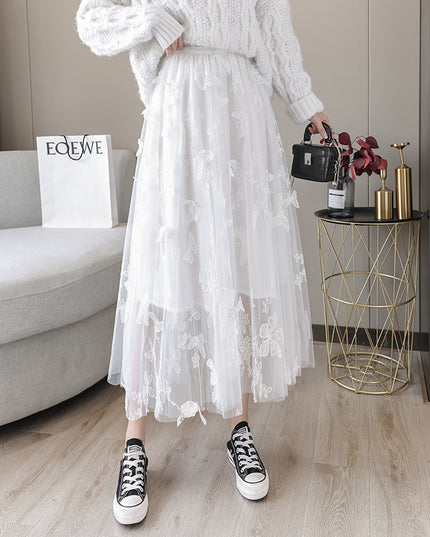 Embroidered Bow Lace Mesh Skirt Women's Mid-length