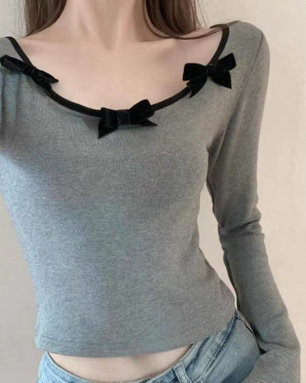 Bowknot Shoulder Low-neck Slim Fit Warm Top