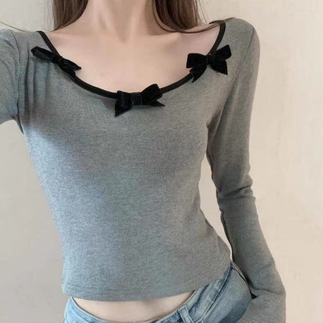 Bowknot Shoulder Low-neck Slim Fit Warm Top