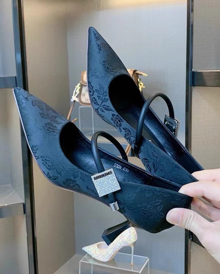 Pointed Toe Chinese Style Embroidery Low-cut High Heels Women's Stiletto Heel
