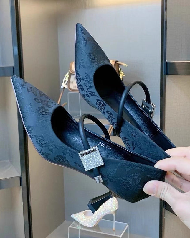 Pointed Toe Chinese Style Embroidery Low-cut High Heels Women's Stiletto Heel
