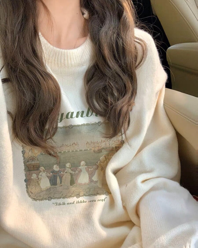 Retro Lazy Pullover Sweater Printed Women's Top