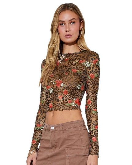 Leopard Print Flower Printed Mesh Round Neck Short Long-sleeved