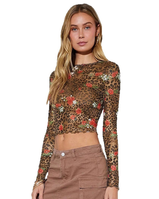 Leopard Print Flower Printed Mesh Round Neck Short Long-sleeved
