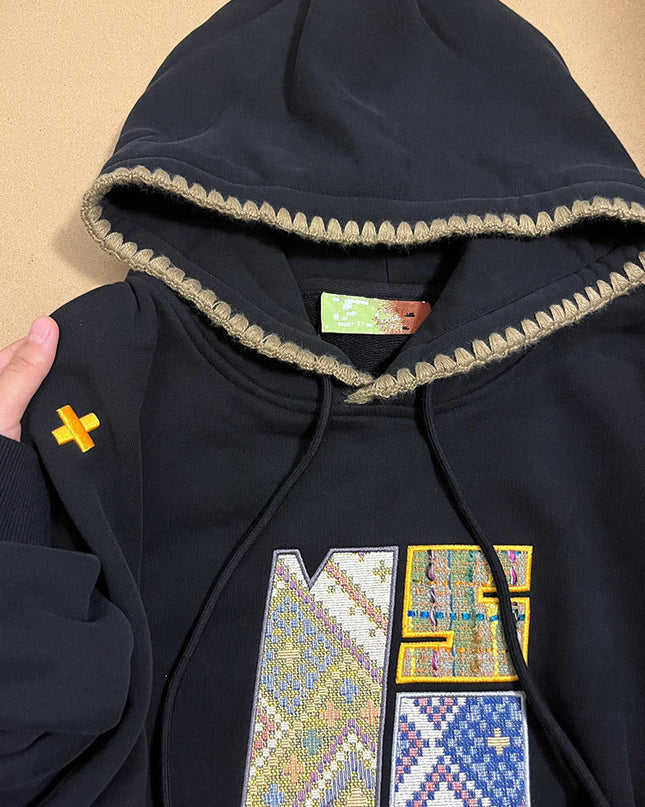 Retro Ethnic Style Woven Patch Versatile Loose Hooded Sweater