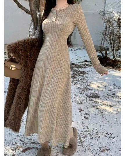 Slim-fit Temperament Pure Color Bottoming Skirt V-neck Knitted French Midi Skirt