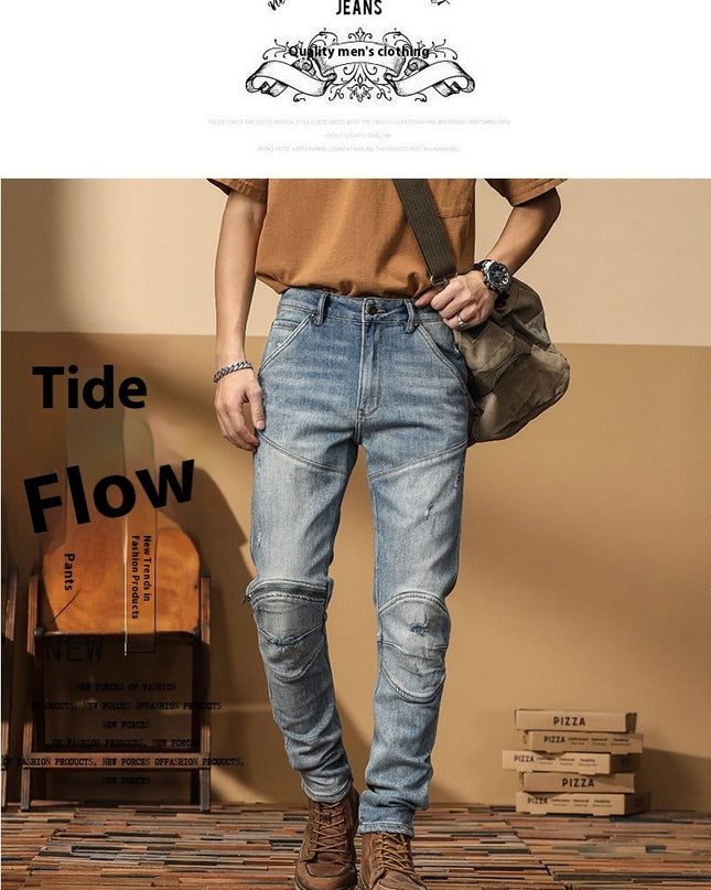 Motorcycle Jeans Korean Style Slim-fitting Ankle-tied High-end Men's Casual All-matching Stretch Pants