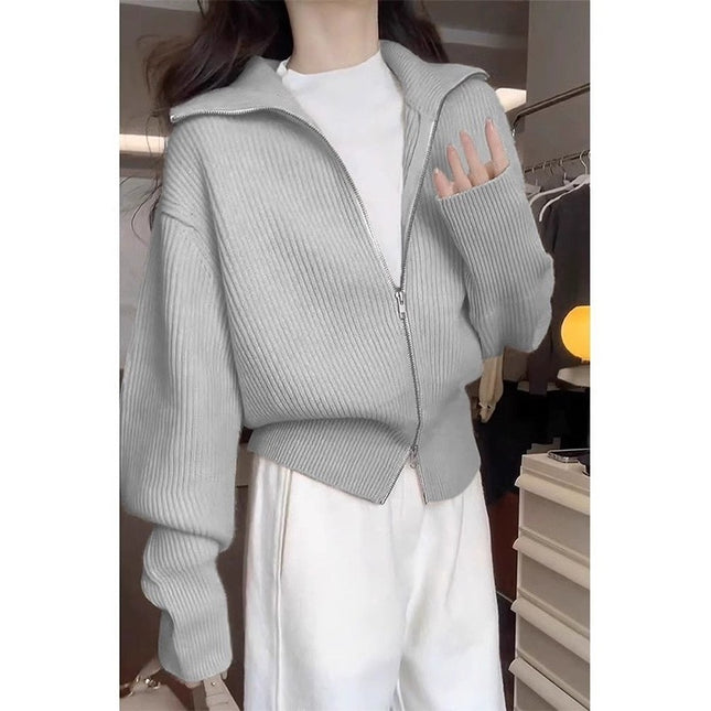 Hong Kong Style Design Double Zipper Knitted Cardigan Fashion Casual Jacket