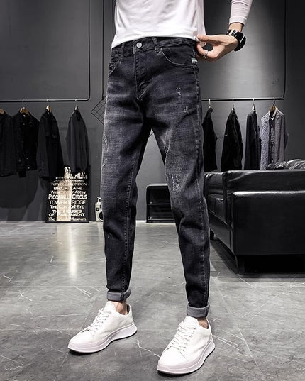 Jeans Men's Black Tapered Cropped Elastic Slim Fit Slimming
