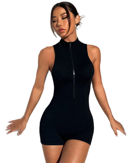 Stand Collar Zipper Sleeveless Peach Hip One-piece Shorts