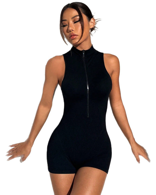 Stand Collar Zipper Sleeveless Peach Hip One-piece Shorts