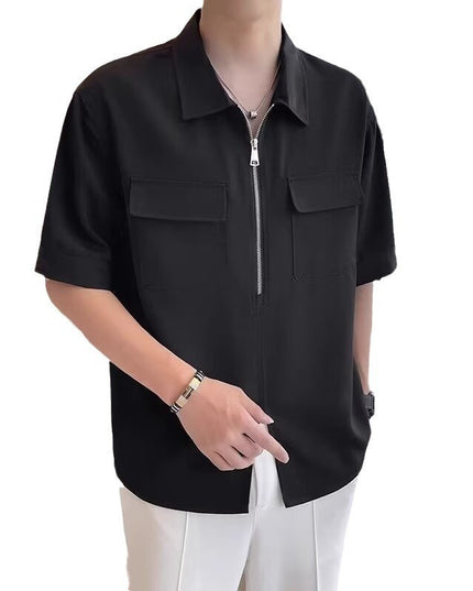 Half Zipper Short Sleeve Workwear Shirt Men