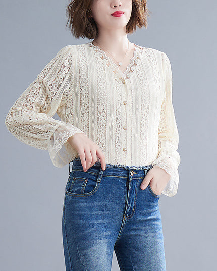 Women's V-neck Loose And Slim Lace Shirt