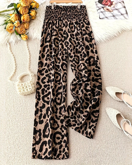 Leopard Print Floral Print Casual Jumpsuit Elastic Waist Loose Wide Leg Pants
