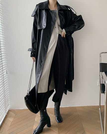 Retro Women's Mid-length Waist Slimming Pu Coat