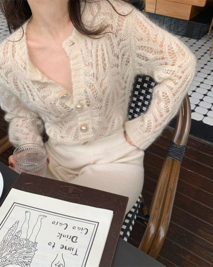 Women's French-style Mohair Hollow-out Thin Knitted Cardigan