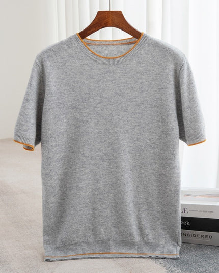 Pure Wool Half Sleeve Men's Color-block Crew Neck Knitted Short Sleeve