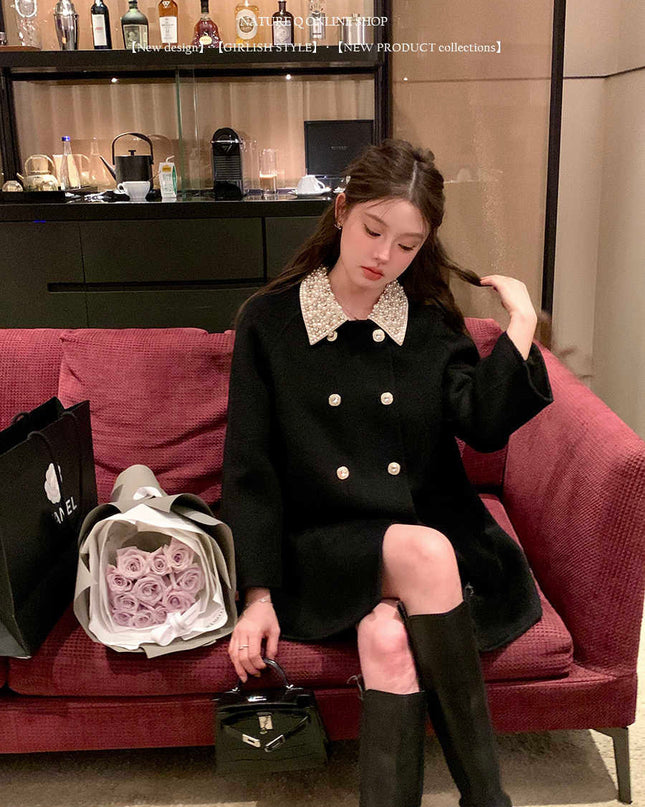 Women's Double-faced Woolen Goods Artificial Wool Black Coat