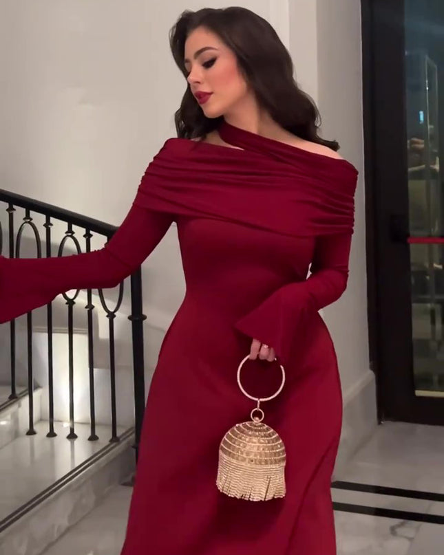 Burgundy Off-Shoulder Long-Sleeve Maxi Dress