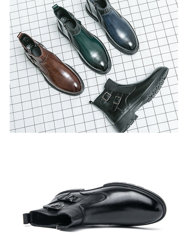 High-top British Double Buckle Slip-on Leather Boots 2023 Autumn And Winter