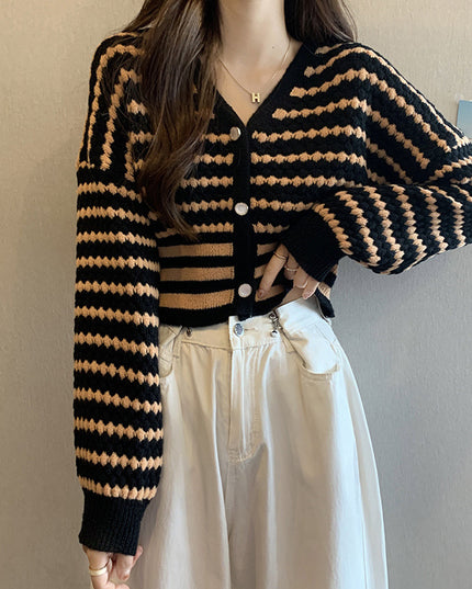French Style Classic Style Cardigan Knitted Short Striped Sweater