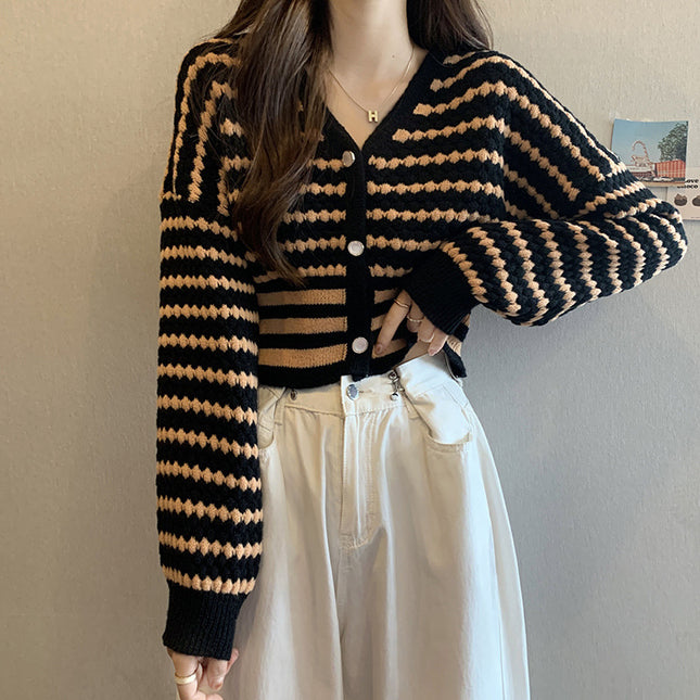 French Style Classic Style Cardigan Knitted Short Striped Sweater