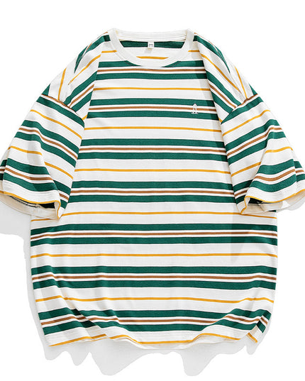 Men's Retro Contrast Color Striped Loose All-match Short Sleeve