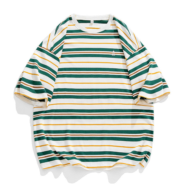 Men's Retro Contrast Color Striped Loose All-match Short Sleeve
