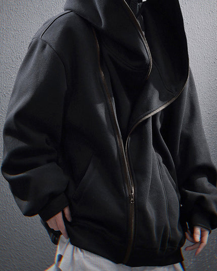 Oblique Zipper Hooded Cardigan Sweater Baggy Coat