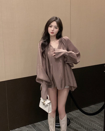 V-neck Slightly Transparent Autumn Loose Bubble Sleeve Shirt