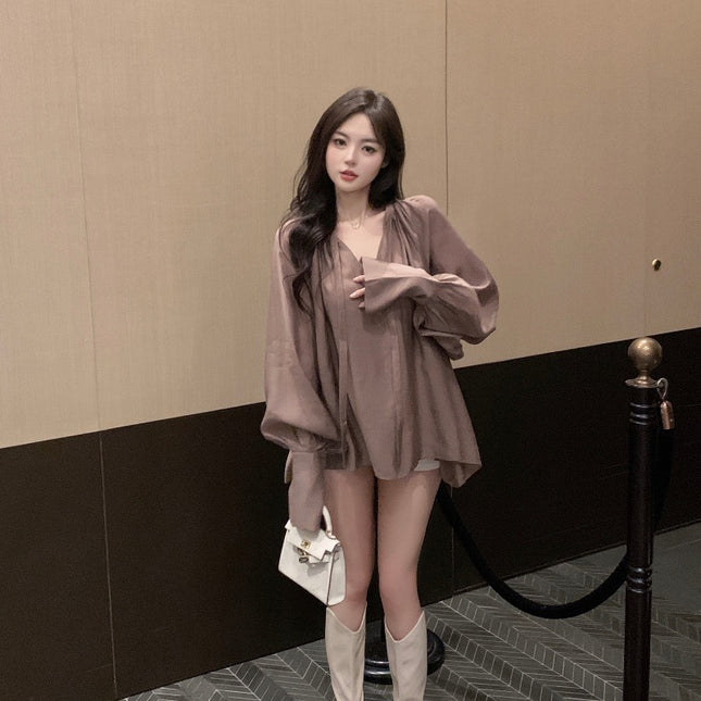 V-neck Slightly Transparent Autumn Loose Bubble Sleeve Shirt
