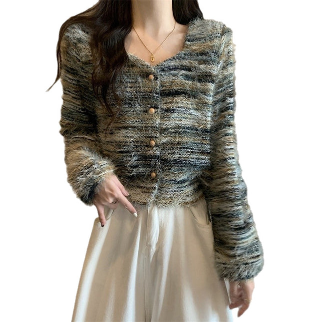 Soft Korean Style Square Collar Fur Design Striped Long Sleeve Sweater