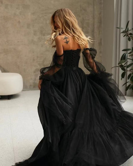 Women's Long Sleeve Transparent Lace Black Wedding Dress