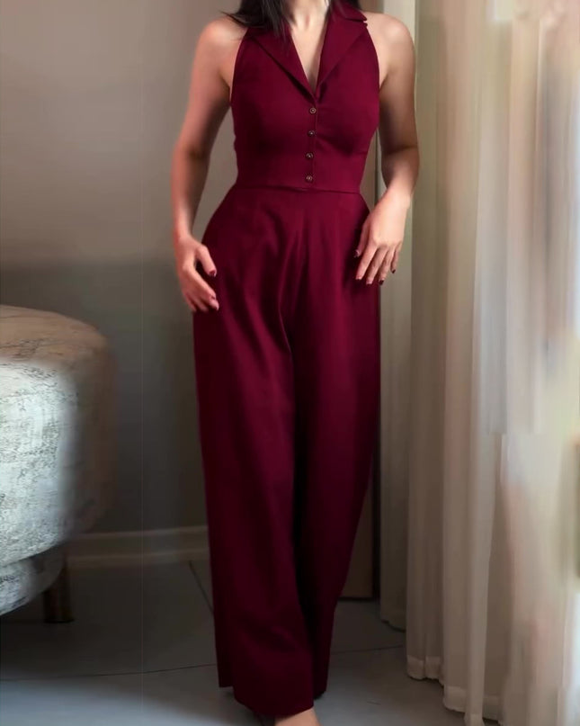 Burgundy Backless Lace-up Sleeveless Jumpsuit