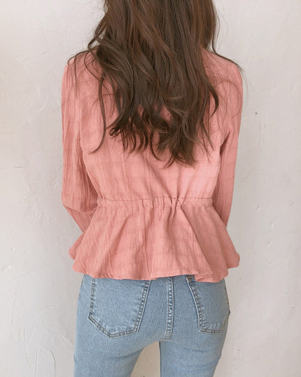 Loose And Sweet Solid Color Long-sleeved Waist Top
