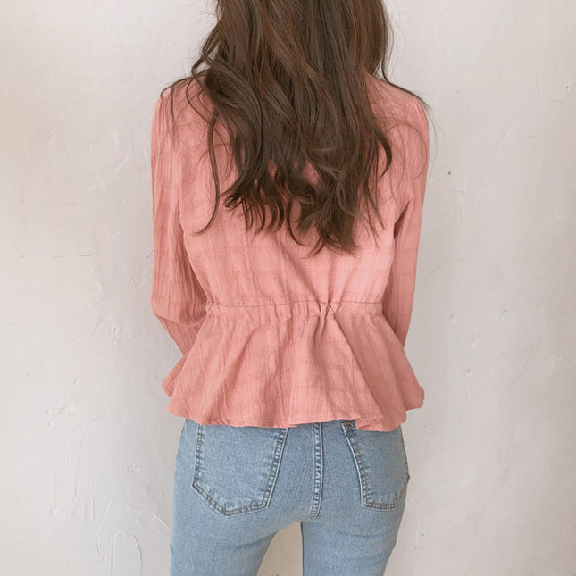 Loose And Sweet Solid Color Long-sleeved Waist Top
