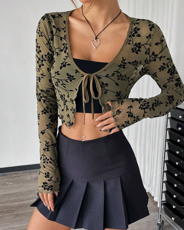 European And American Elegant Women's Transparent Mesh Flocking Front Lace-up Top