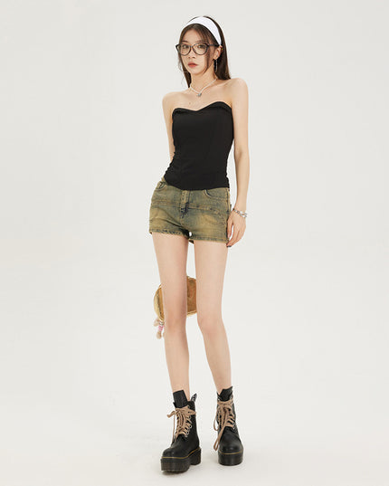 Mud Yellow Stretch Denim Shorts For Women