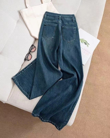 Dark Blue High Waist Drape Denim Wide Leg Pants Retro Pants Slim And Tall Stylish Straight Pants