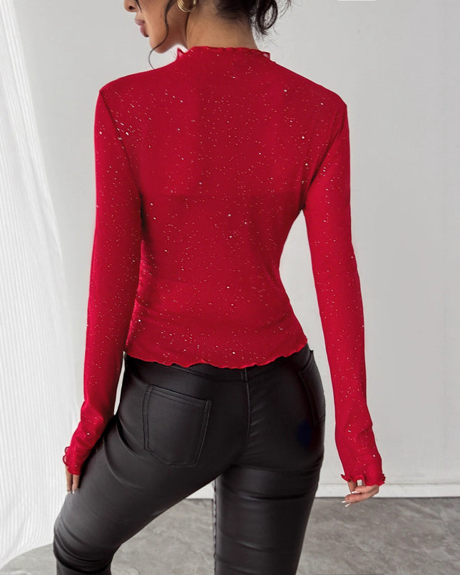 European And American Sequined Top Women's Slim-fit Long-sleeved Shiny Bling Commuter Top