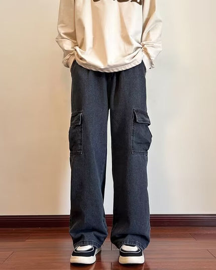 American High Street Fashionable Fashion Wide-leg Men's Loose Lace-up Jeans