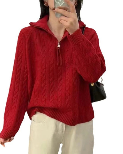 Thick Loose Outer Wear Half Turtleneck Lapel Cable-knit Sweater